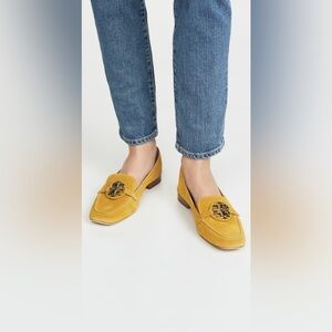 Tory Burch Mustard Yellow Suede Miller Gold Logo Loafers Size 8